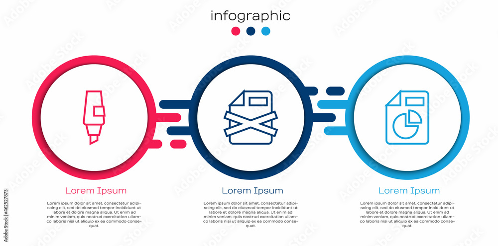 Set line Marker pen, Delete file document and Document with graph chart. Business infographic templa