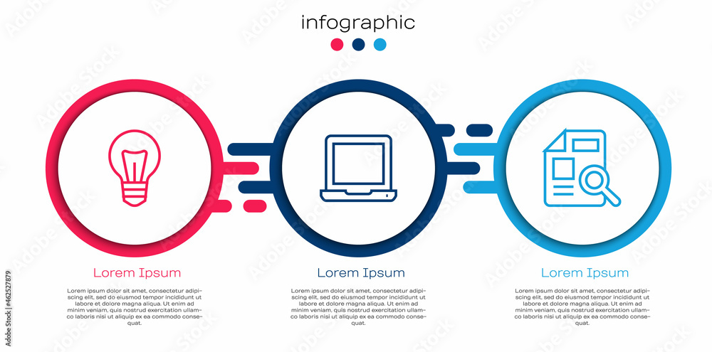 Set line Light bulb, Laptop and Document with graph chart. Business infographic template. Vector