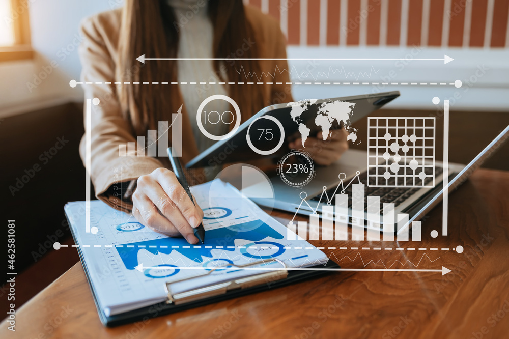 Financial report data of business operations balance sheet and income statement as Fintech concept. 