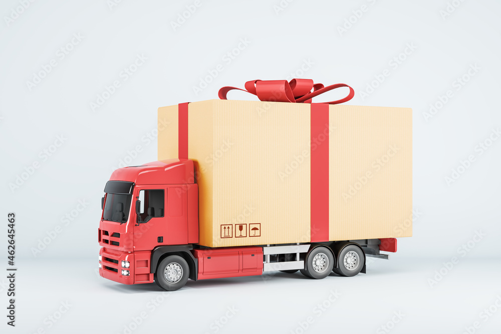 Truck delivering present on white background. Shipping service and celebration concept. 3D Rendering