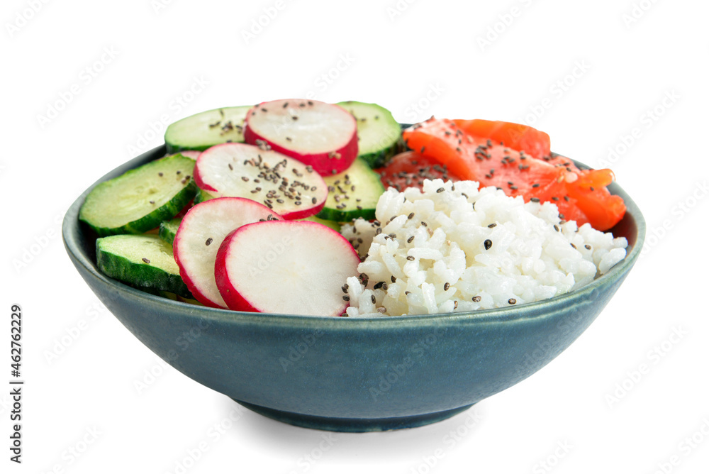 Tasty poke bowl with salmon and vegetables on white background