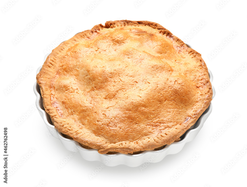 Baking dish with tasty chicken pot pie on white background