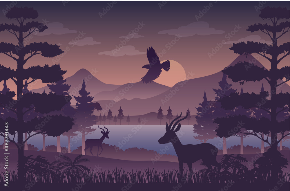 Silhouette twilight forest landscape background