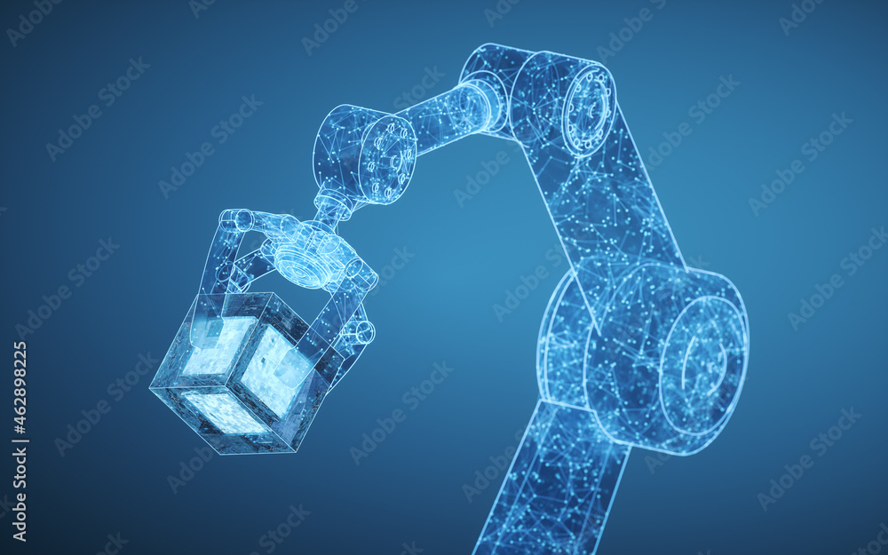 Robotic arm with blue background, 3d rendering.