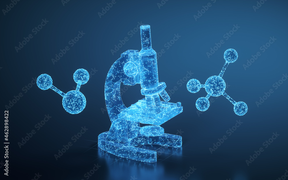 Glassware and microscope in the laboratory, 3d rendering.