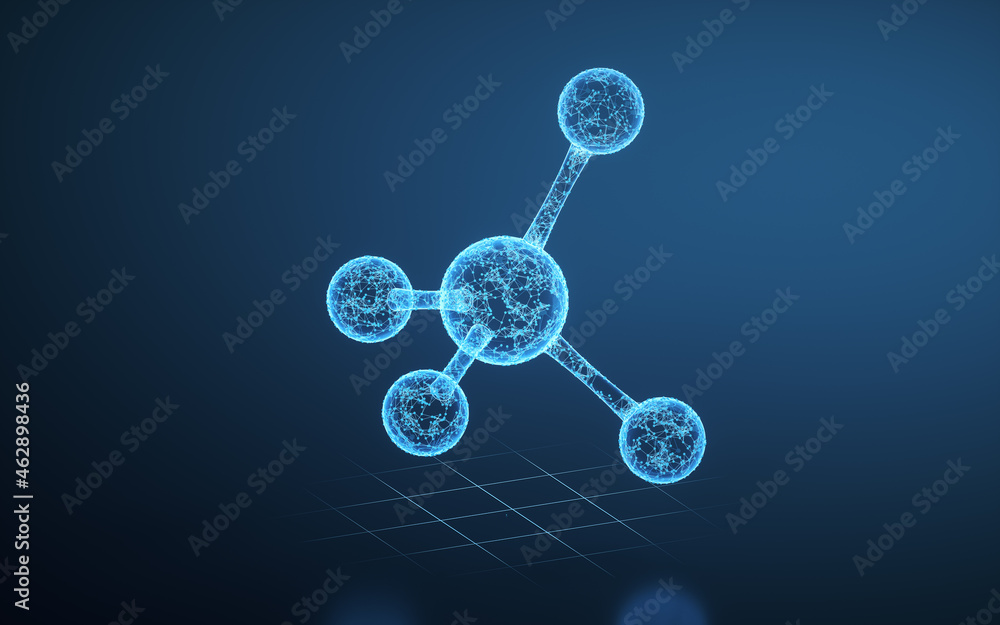 蓝色线条和发光分子，3d渲染。