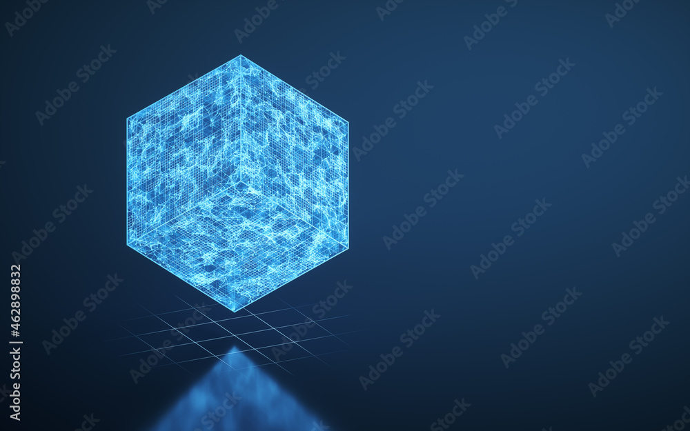 Cube and blue glowing lines, 3d rendering.