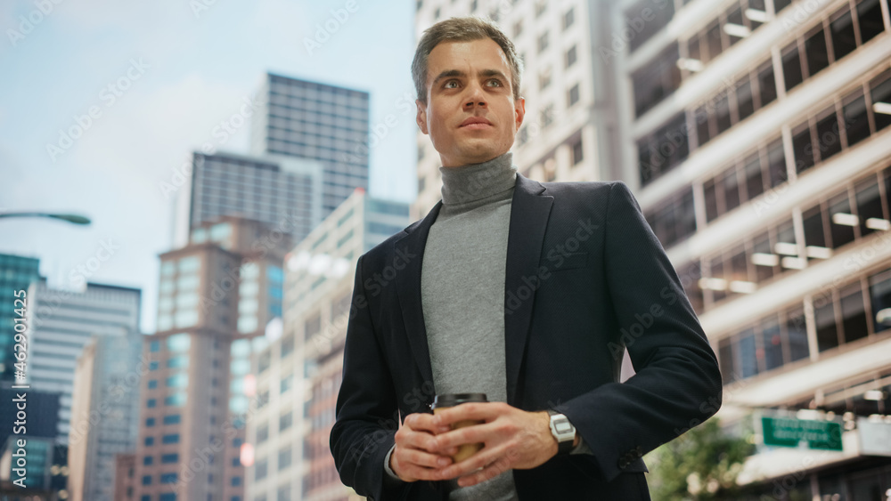 Portrait of a Happy Handsome Young Adult Businessman in Smart Casual Clothes Holding a Coffee on Cit