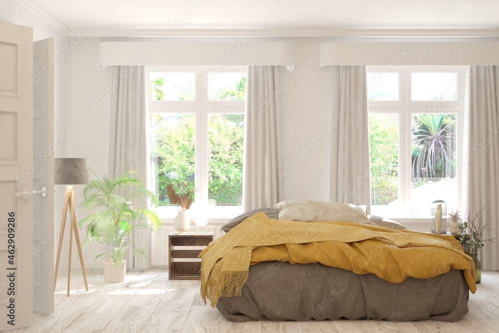 Stylish bedroom in white color with summer landscape in window. Scandinavian interior design. 3D ill