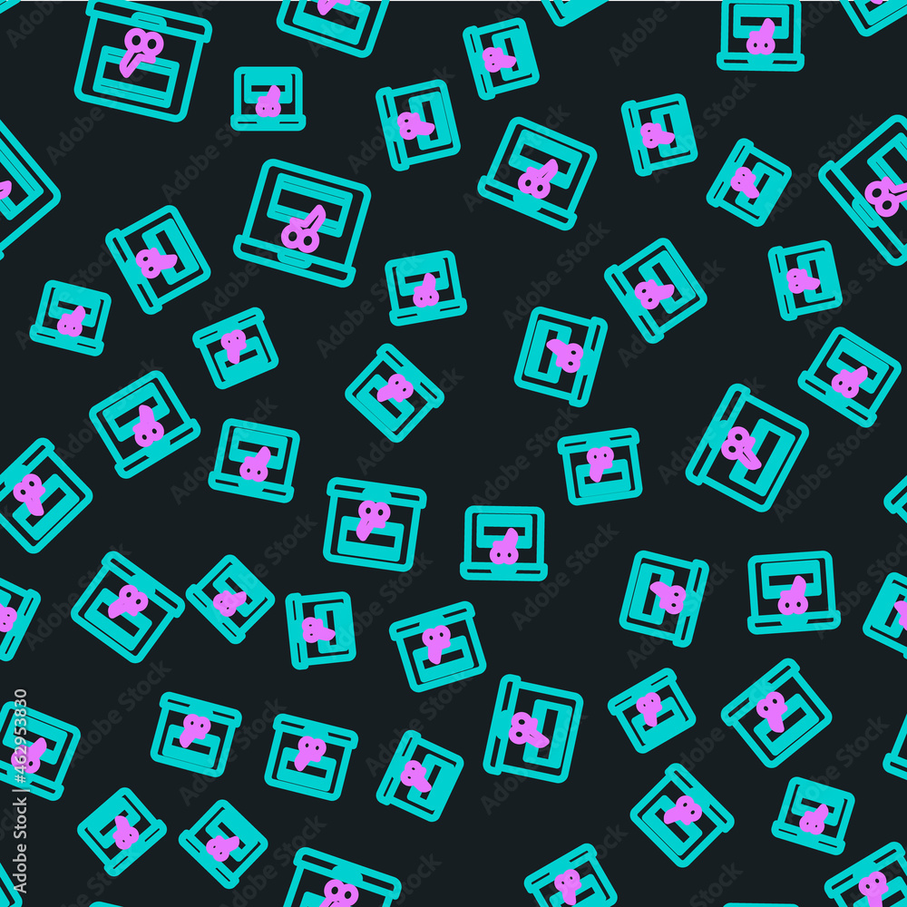 Line Video recorder or editor software on laptop icon isolated seamless pattern on black background.