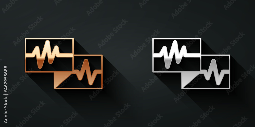 金色和银色电脑监视器，黑色背景上隔离有心电图图标。监视器图标。