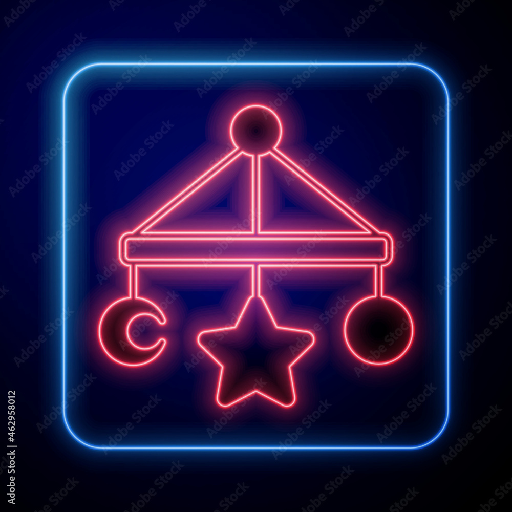 Glowing neon Baby crib hanging toys icon isolated on black background. Baby bed carousel. Vector