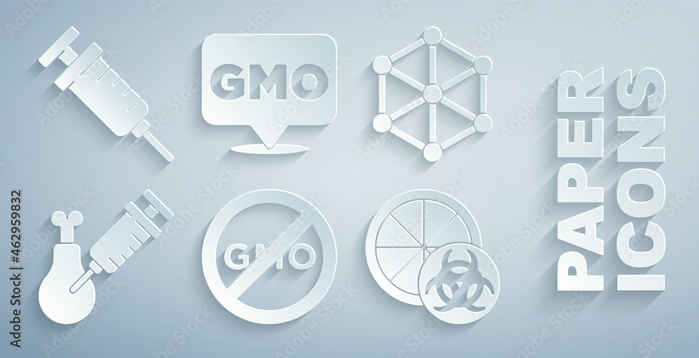 Set No GMO, Gmo research chicken, Genetically modified orange, and Syringe icon. Vector