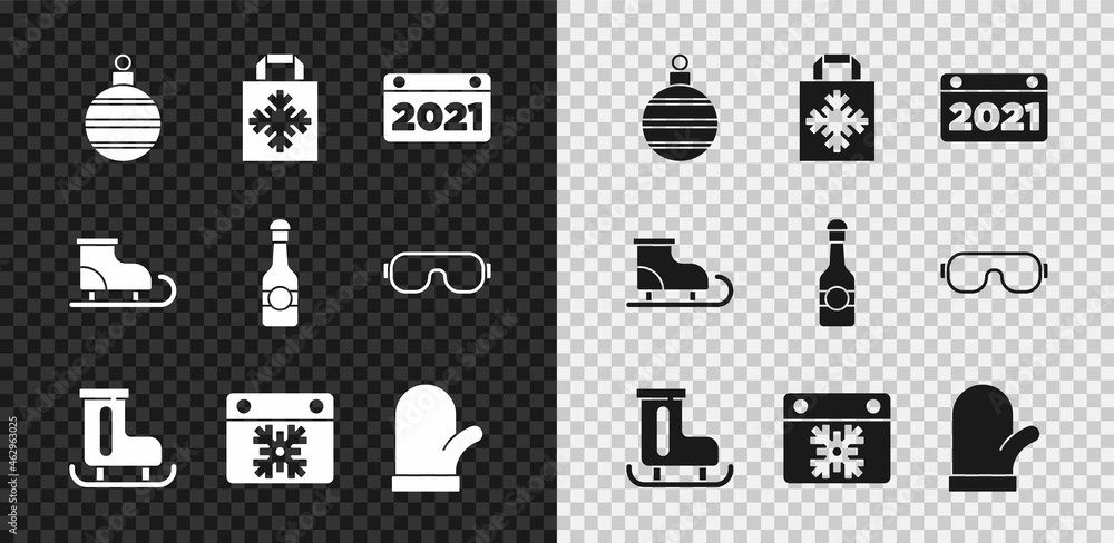 设置圣诞球、购物袋、日历、花样滑冰鞋、连指手套和香槟瓶图标。矢量