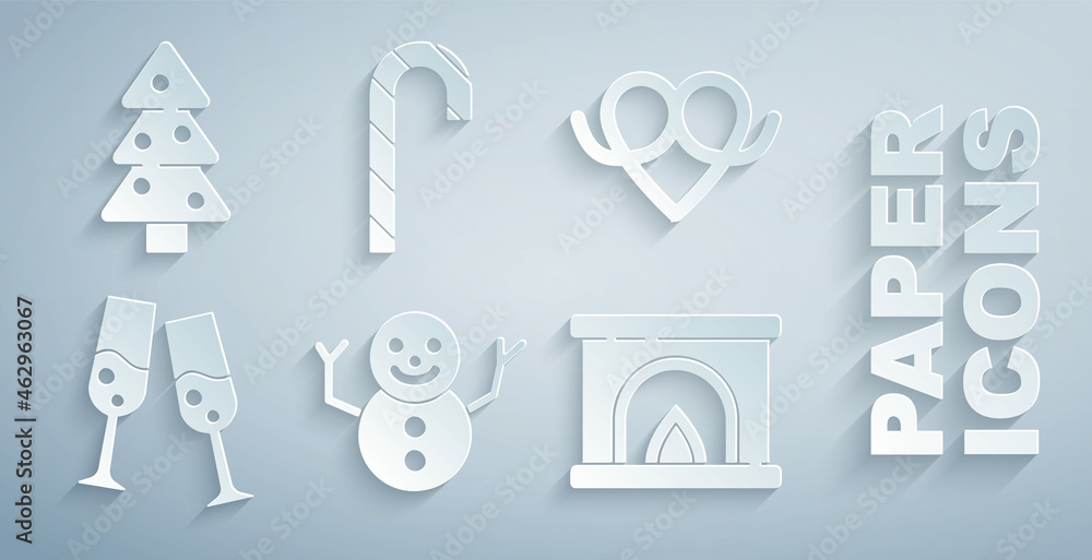 Set Christmas snowman, Pretzel, Glass of champagne, Interior fireplace, candy cane and tree icon. Ve