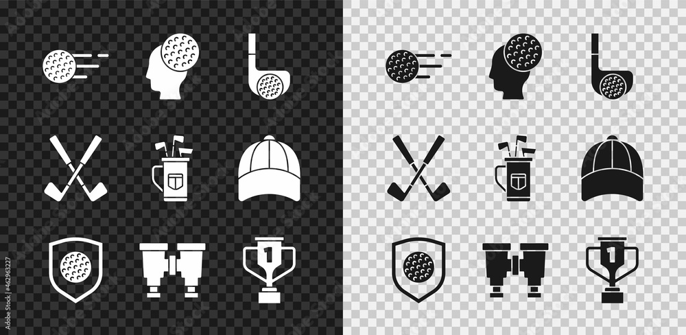 Set Golf ball，club with，shield，Binocular，Award cup Golf，Crossed and bag club icon.Vvector（设置高尔夫球，带球杆