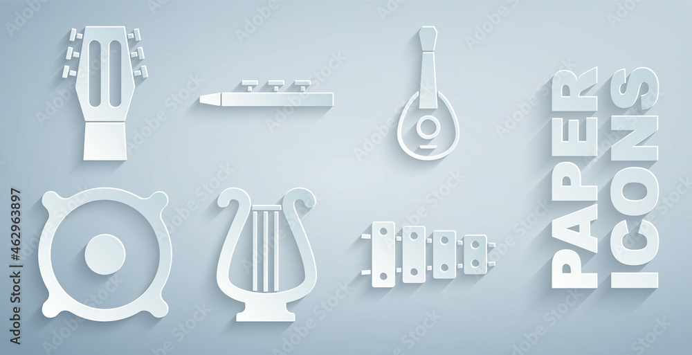 Set Ancient lyre, Guitar, Stereo speaker, Xylophone, Drum and drum sticks and icon. Vector