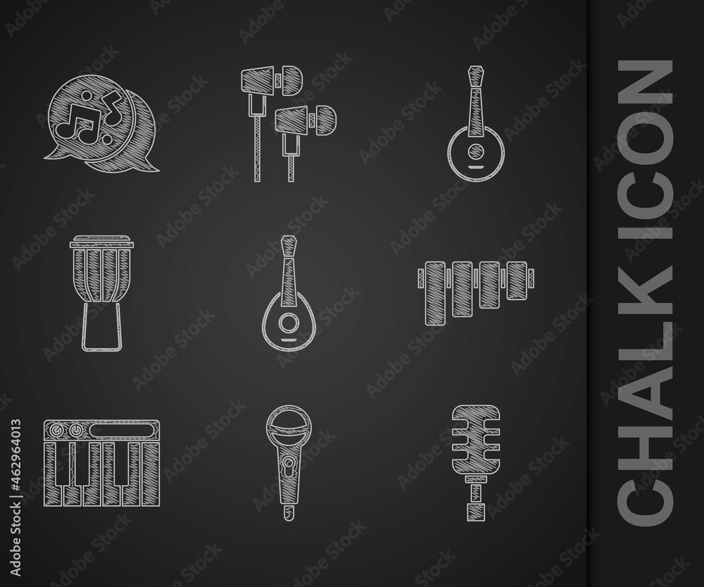 设置吉他、麦克风、潘笛、音乐合成器、鼓、班卓和音符、音调图标。矢量