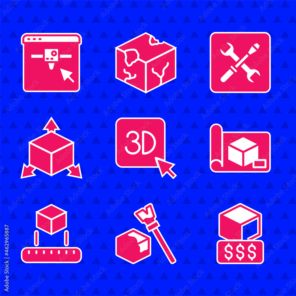 Set 3D printer, Isometric cube, services, Graphing paper for engineering, setting and icon. Vector