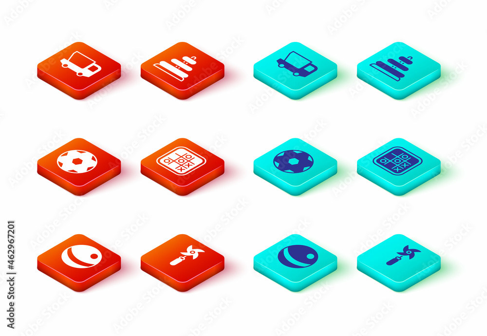 Set Beach ball, Pinwheel toy, Soccer football, Tic tac toe game, Pyramid and Toy truck icon. Vector