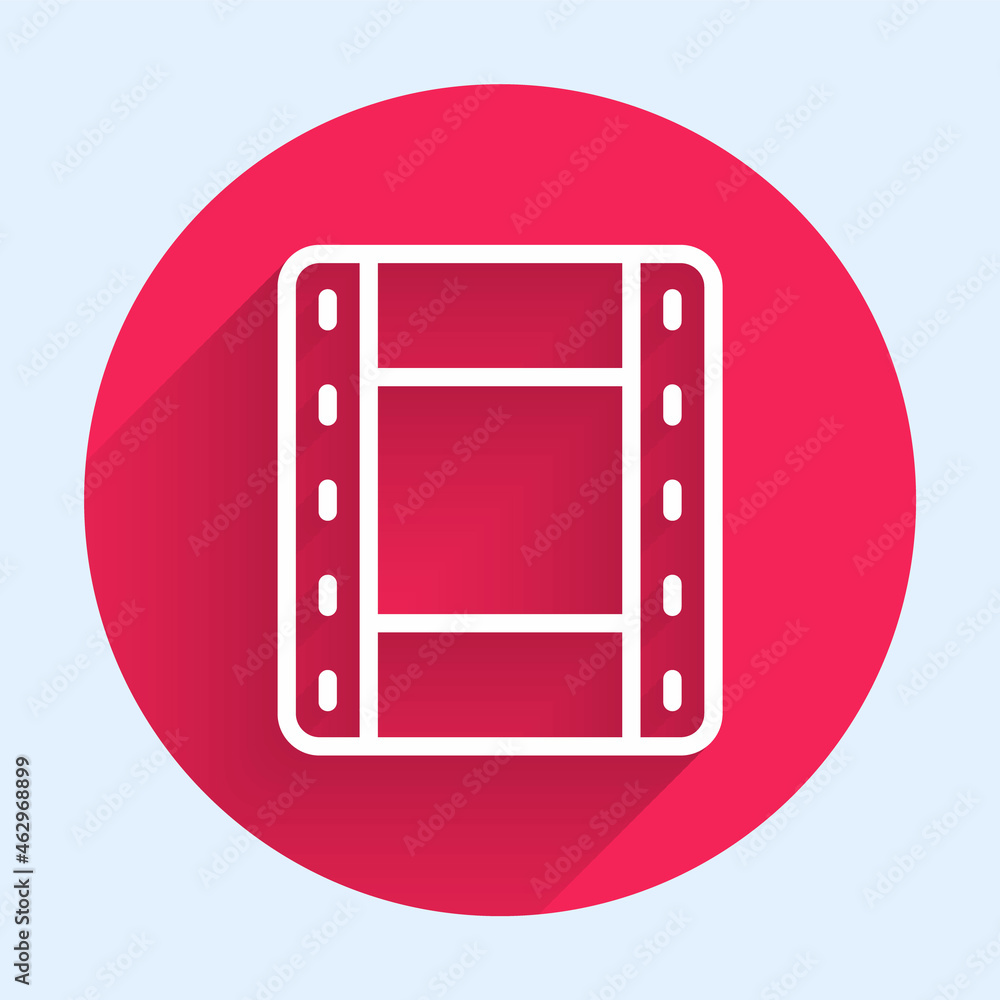 White line Play Video icon isolated with long shadow. Film strip sign. Red circle button. Vector