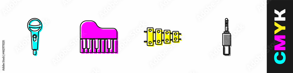 设置麦克风、大钢琴、木琴和音频插孔图标。矢量