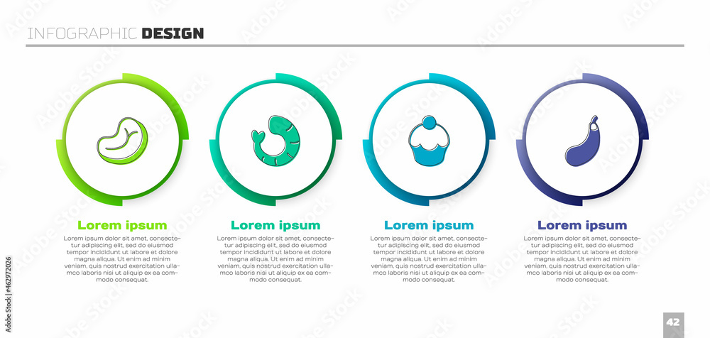 设置牛排、虾、松饼和茄子。商业信息图模板。矢量