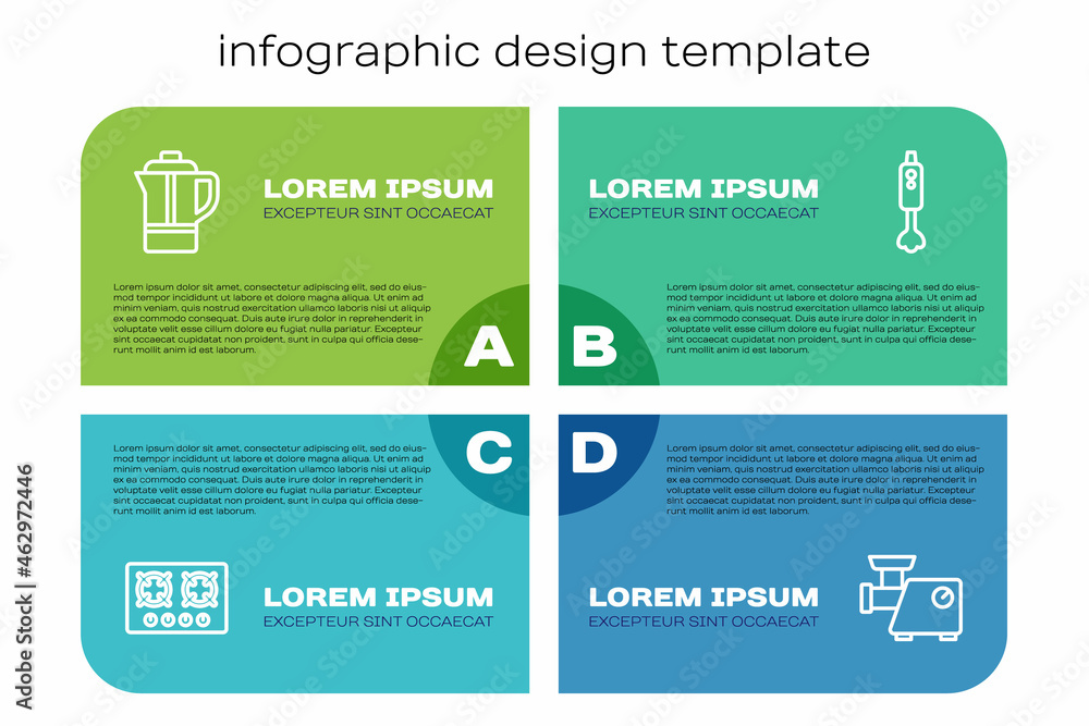 燃气灶、茶壶、厨房绞肉机和搅拌机。业务信息图模板。矢量