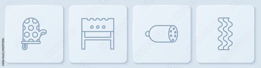 套装烤箱手套、萨拉米香肠、烧烤火盆和培根条纹。白色方形按钮。矢量