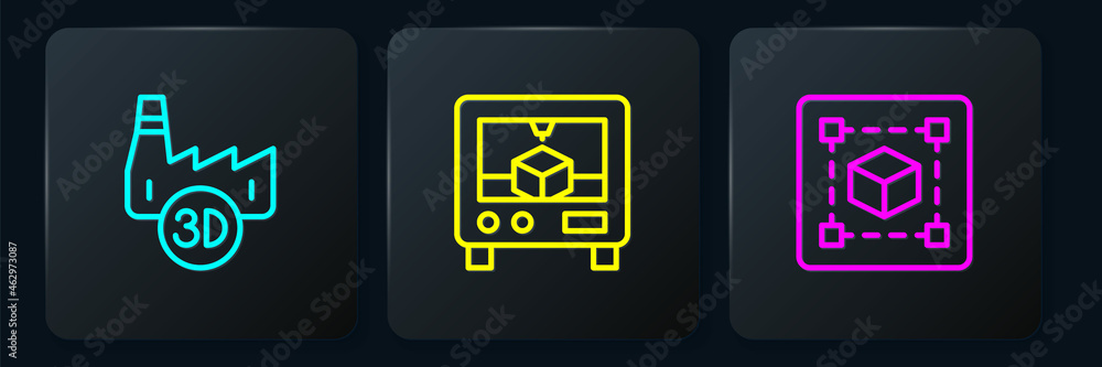 Set line Printing house industry，Geometric figure Cube and 3D printer.Black square button.Vector（设置行