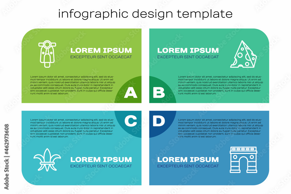 Set line Fleur De Lys, Scooter, Triumphal Arch and Cheese. Business infographic template. Vector