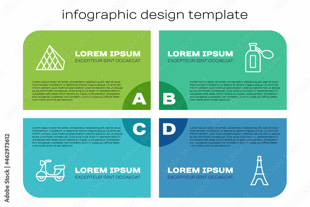 套装滑板车、卢浮宫玻璃金字塔、埃菲尔铁塔和香水。商业信息图模板。Vec