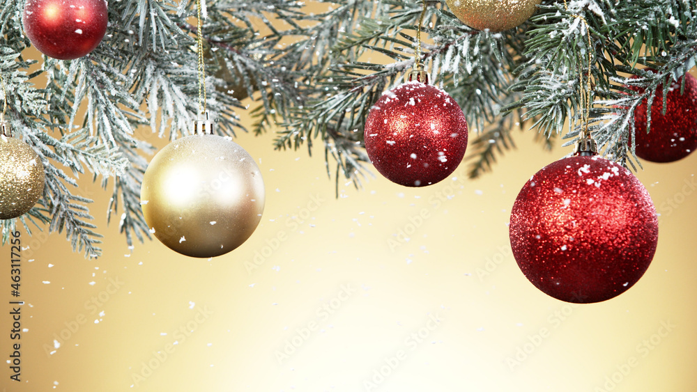 Christmas balls hanging on snowy fir tree