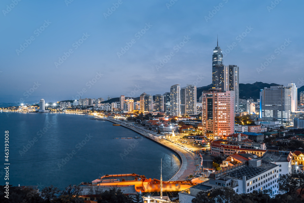 烟台城市建筑景观夜间航拍