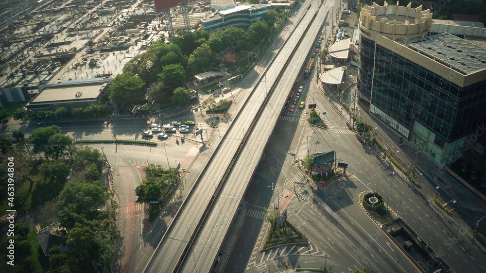 Busy highway road junction in metropolis city center . Transportation and infrastructure concept .