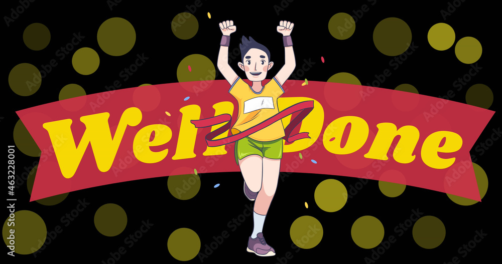 Image of floating golden dots, well done and runner on black background