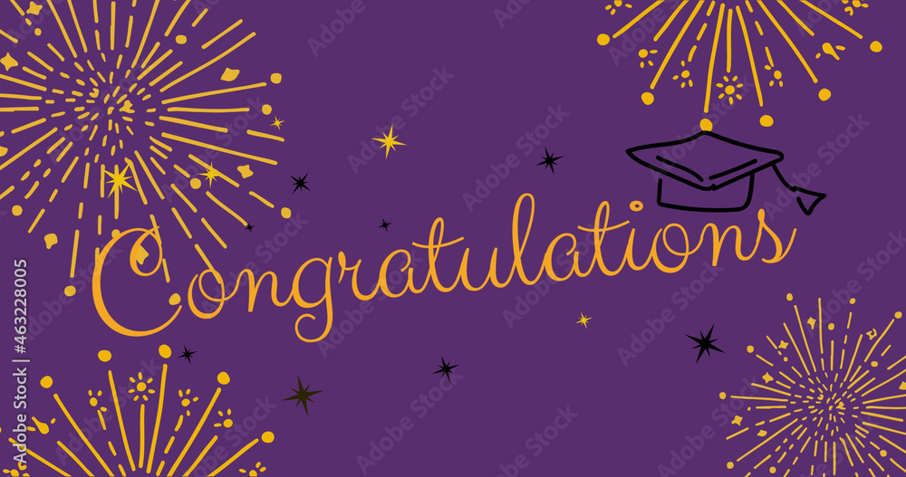 Image of fireworks and congratulations on purple background