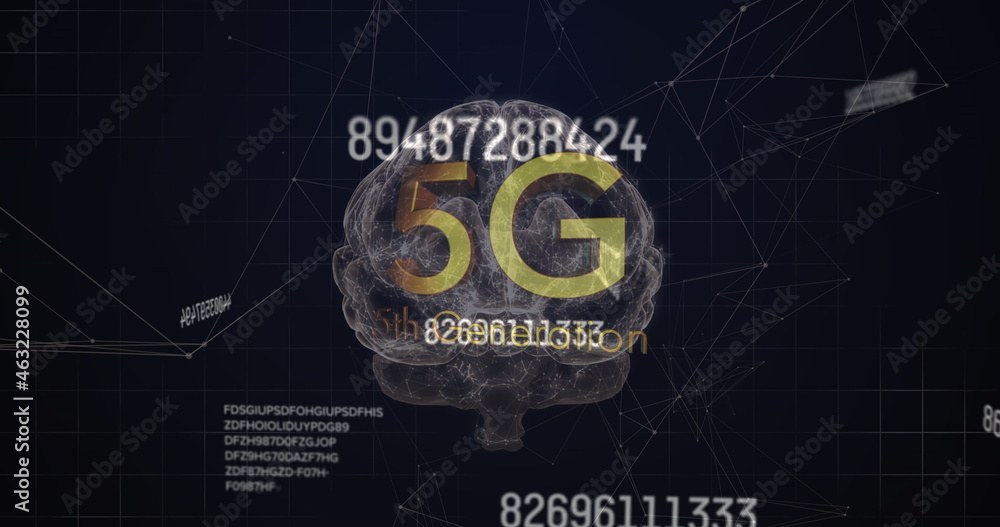 多个不断变化的数字和5g文本对抗人脑在黑色背景下旋转