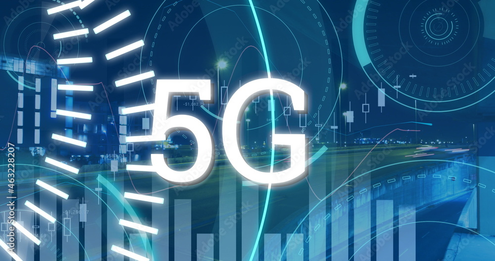 Graphs and 5G written in the middle of a futuristic circles 4k