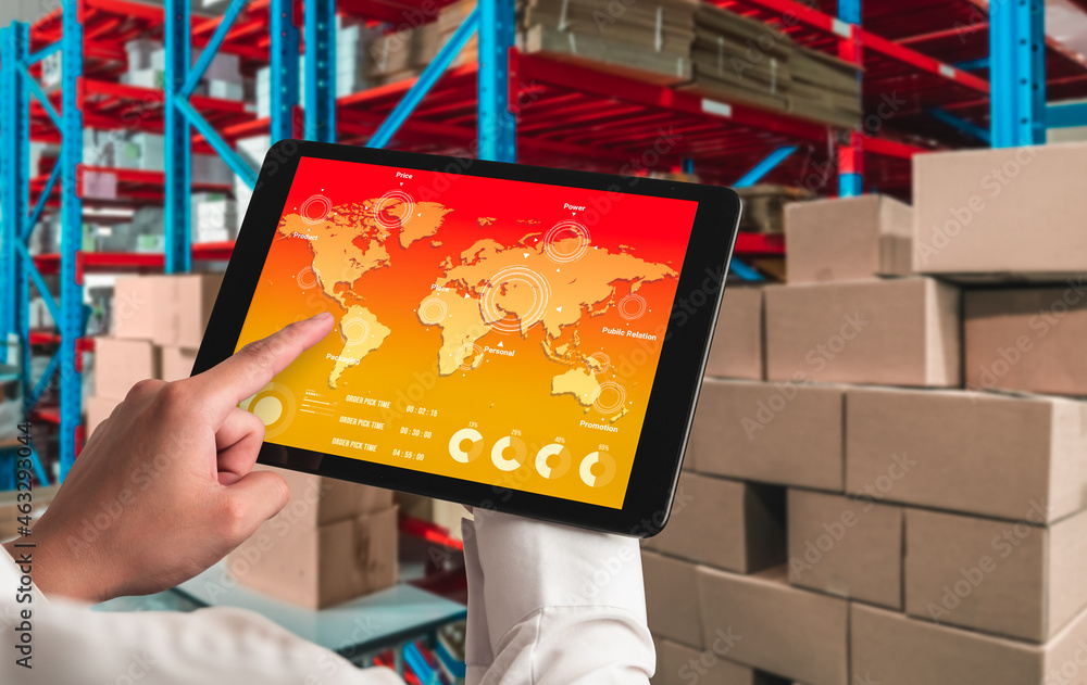 Warehouse management innovative software in computer for real time monitoring of goods package deliv