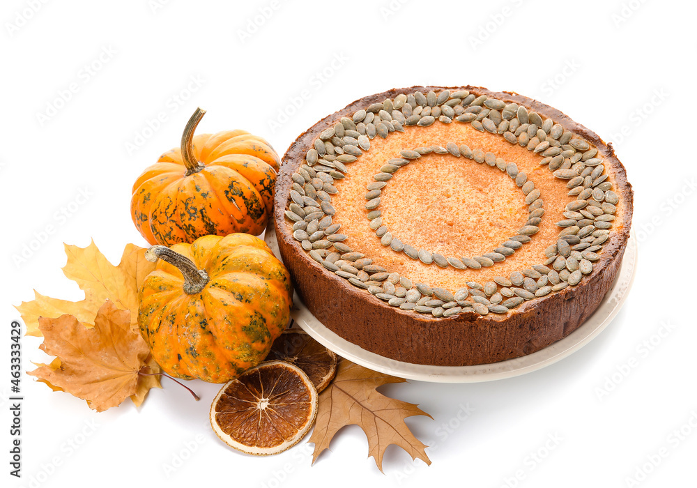 Composition with fresh pumpkin pie on white background