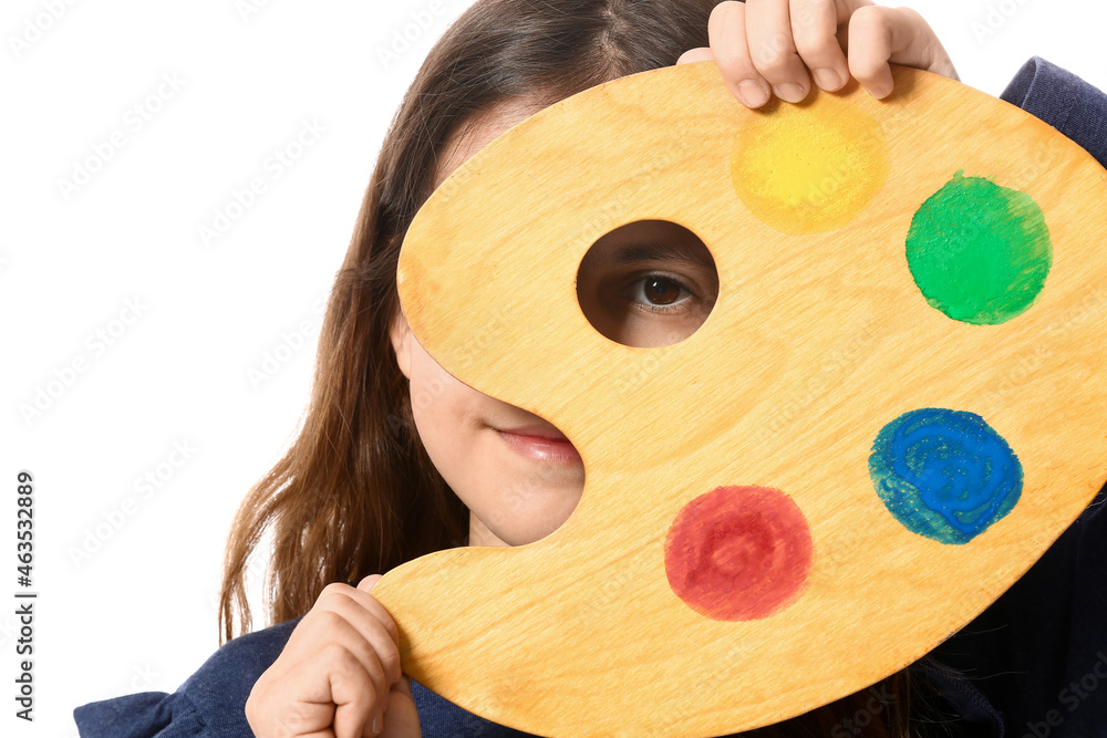 Cute little painter with palette on white background