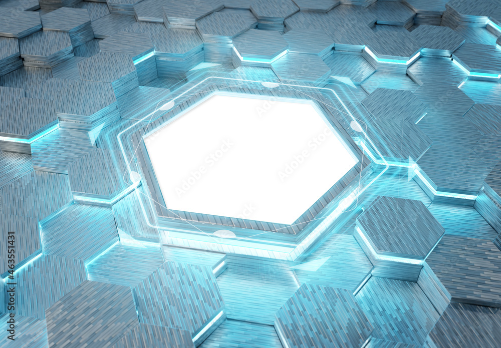 Glowing white and blue hexagons podium background pattern. Hexagonal metal Mockup with lights and re