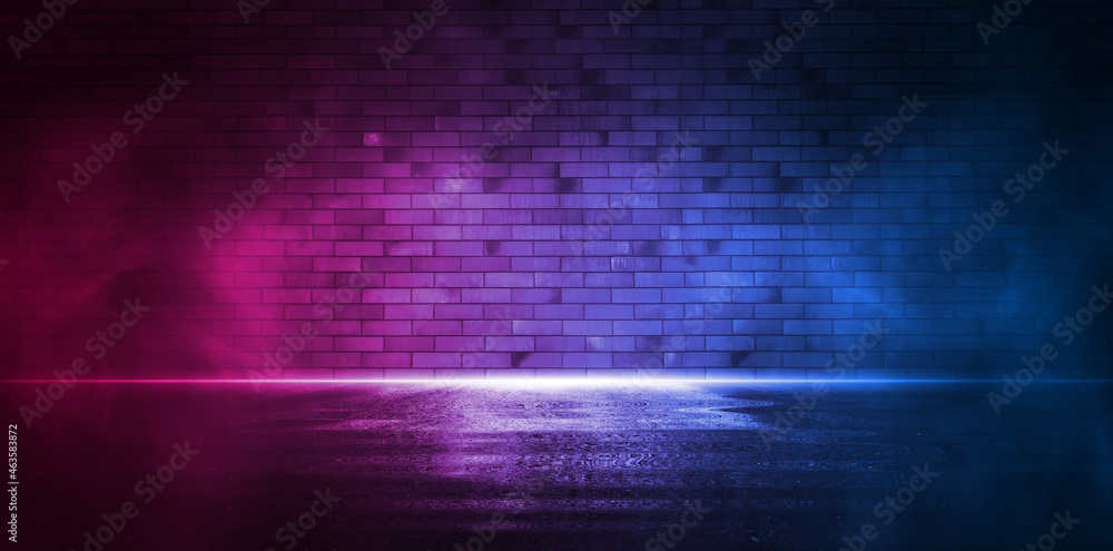 Neon light on neon brick wall. 