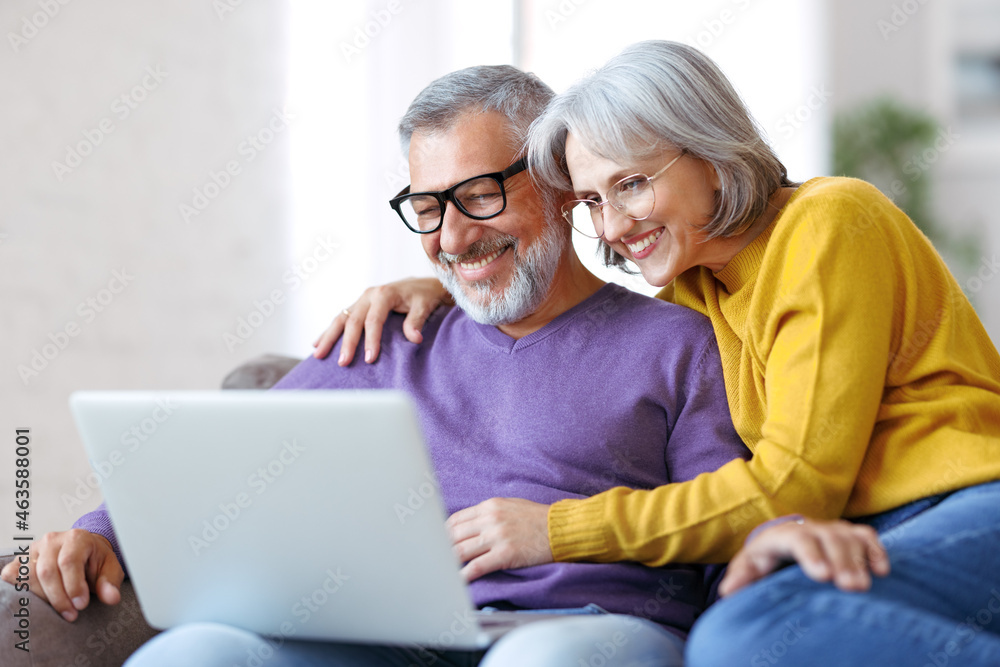 Beautiful mature family couple looking at laptop with smile on face while spending time together