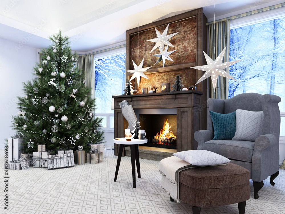 New year tree in scandinavian style interior with christmas decoration	