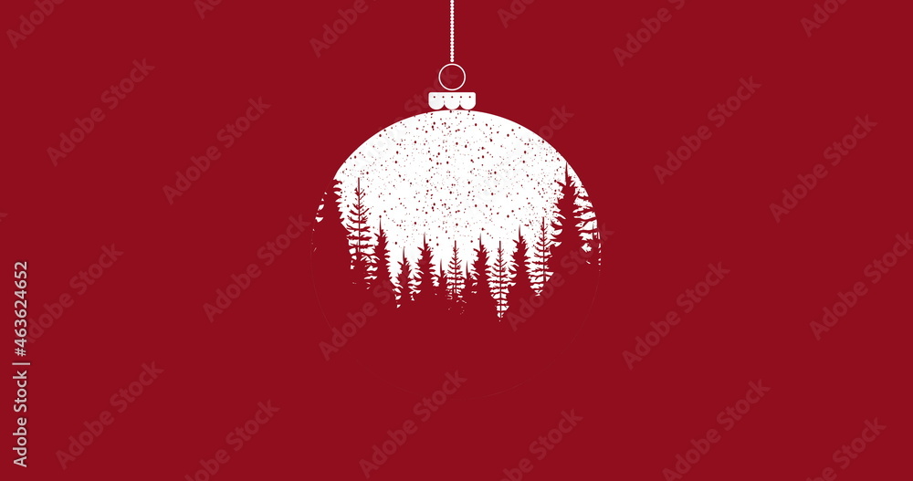 Christmas bauble dangling with Christmas tree pattern against snowflakes falling on red background