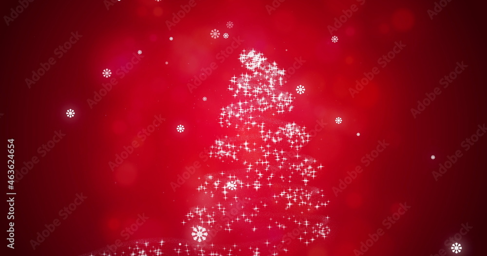 Snowflakes falling on glowing Christmas trees against red background