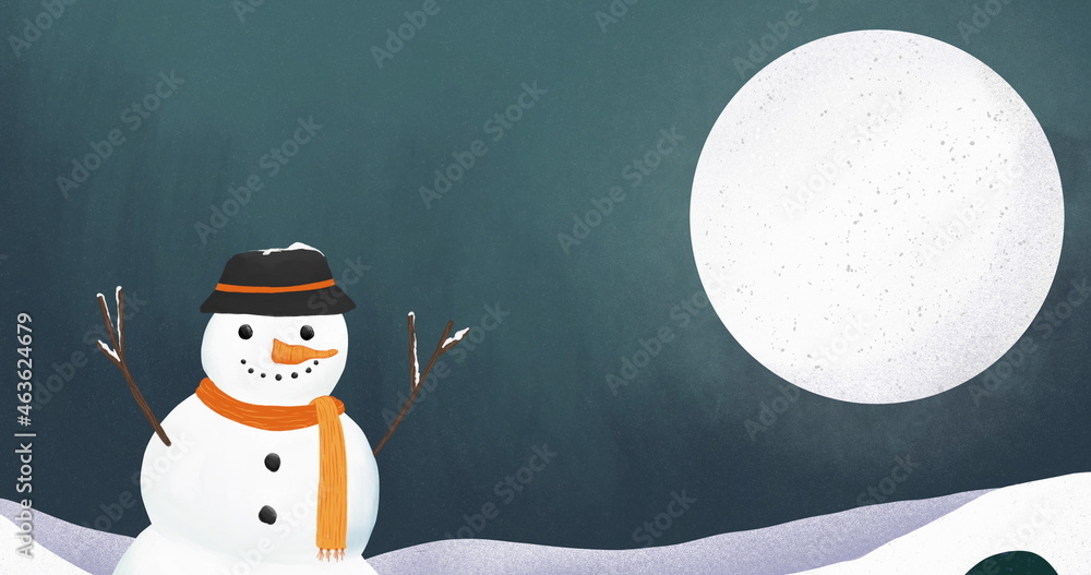 Silhouette of Santa Claus in sleigh being pulled by reindeers against moon and snow man