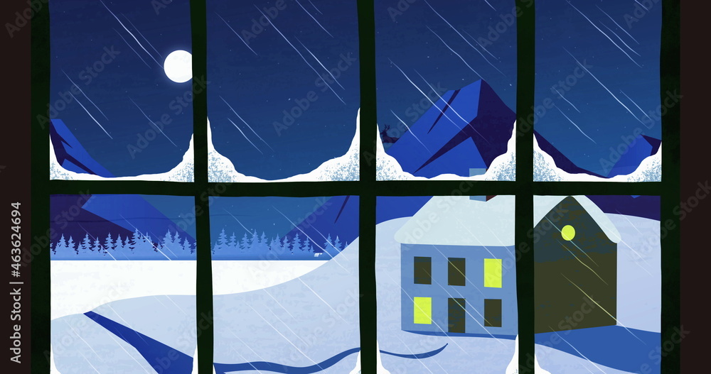 Window grill over silhouette of Santa Claus in sleigh being pulled by reindeers against moon